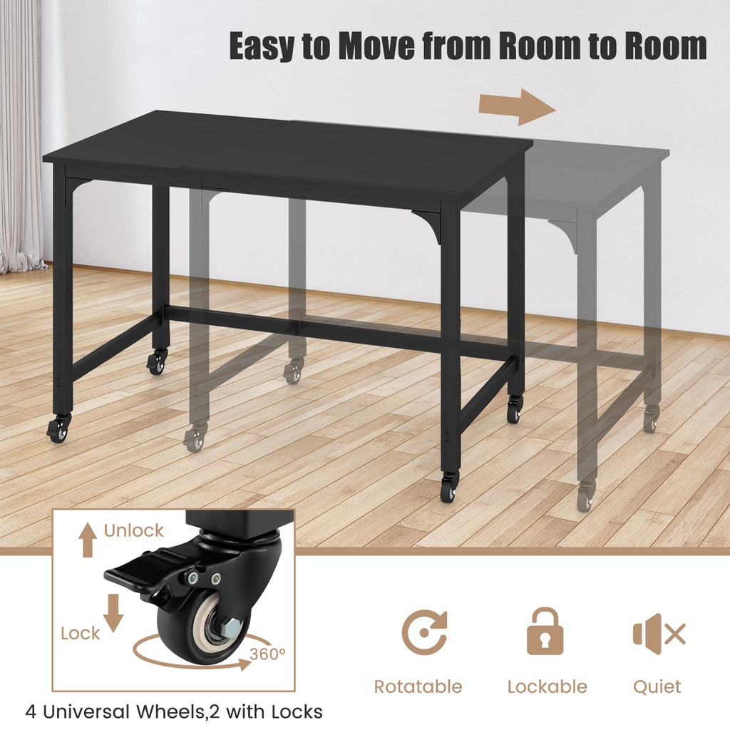 48” Mobile Computer Desk with 4 Lockable Wheels, Black Metal Frame I556877