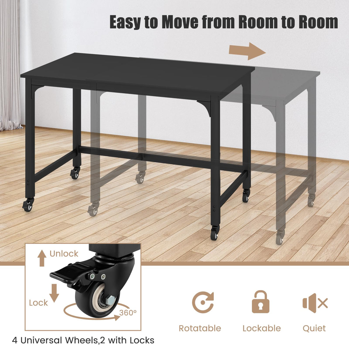 48” Mobile Computer Desk with 4 Lockable Wheels, Black Metal Frame I556877
