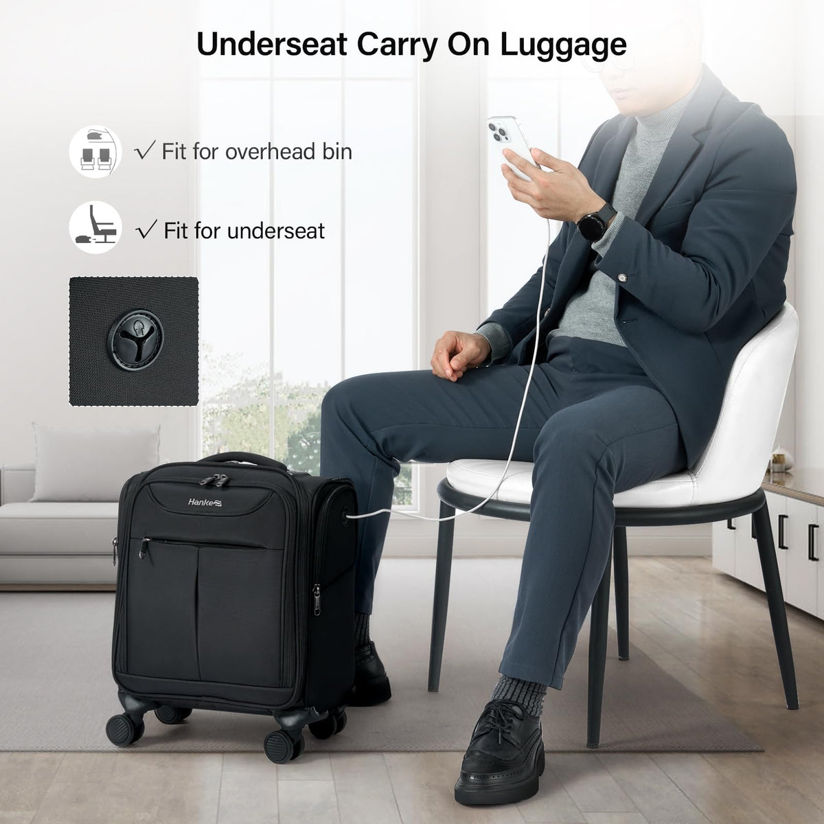 Black 16 Inch Underseat Carry On Luggage with Spinner Wheels T72056