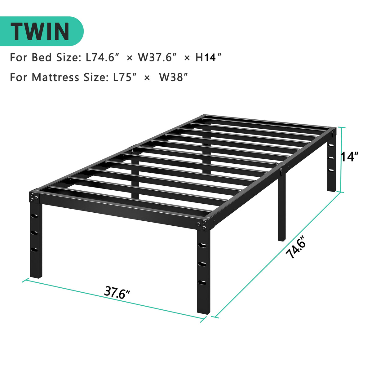 14 Inch Tall Black Metal Platform Twin Size Bed Frame R791