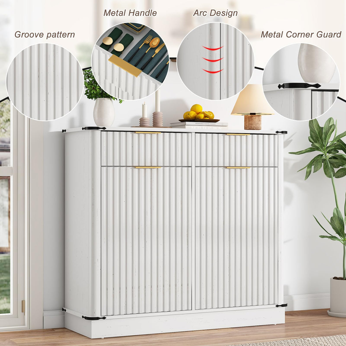 White 20 Gallon Tilt Out Trash Cabinet with Charging Station and 2 Drawers D93774