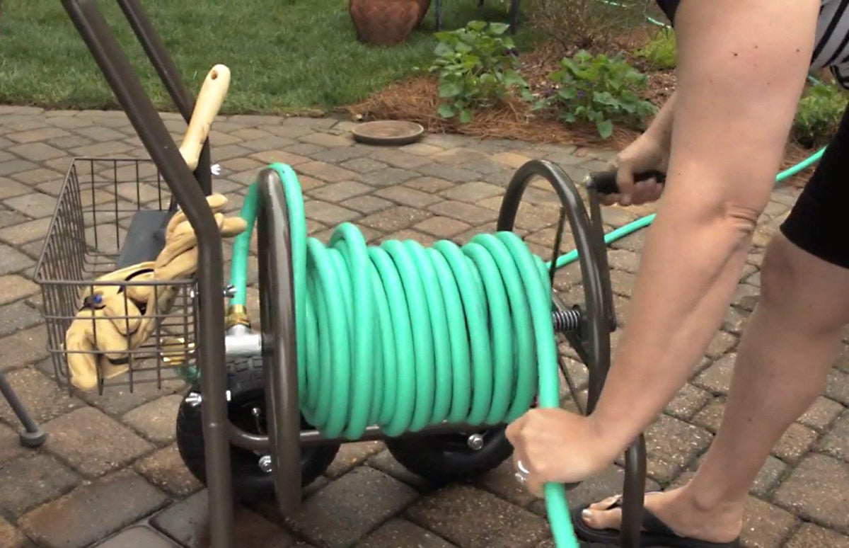 Four Wheel 250 Foot Capacity Steel Frame Water Hose Reel Cart with Basket X851912