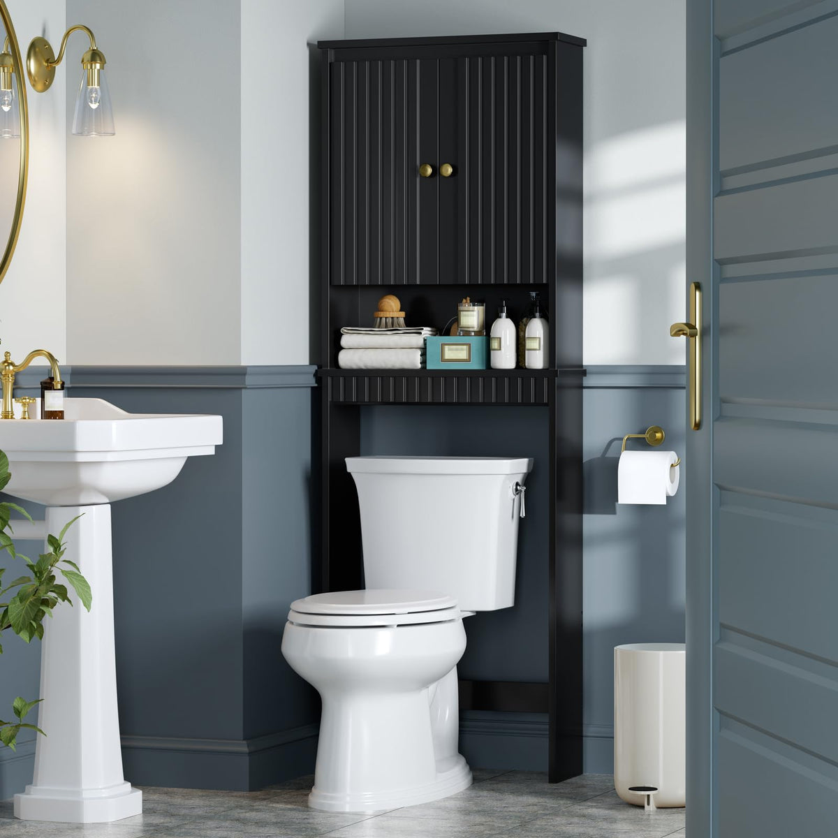 Black Over The Toilet Storage Cabinet with Adjustable Shelf H435615