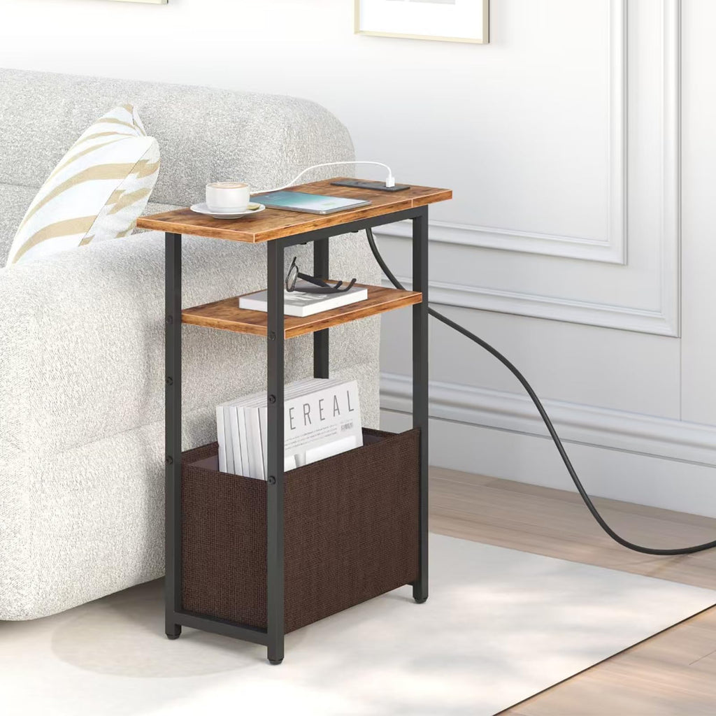 Narrow Side Table with Charging Station, 3 Tier End Table with Storage Basket Y637949