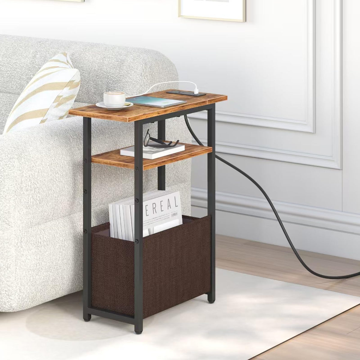 Narrow Side Table with Charging Station, 3 Tier End Table with Storage Basket Y637949