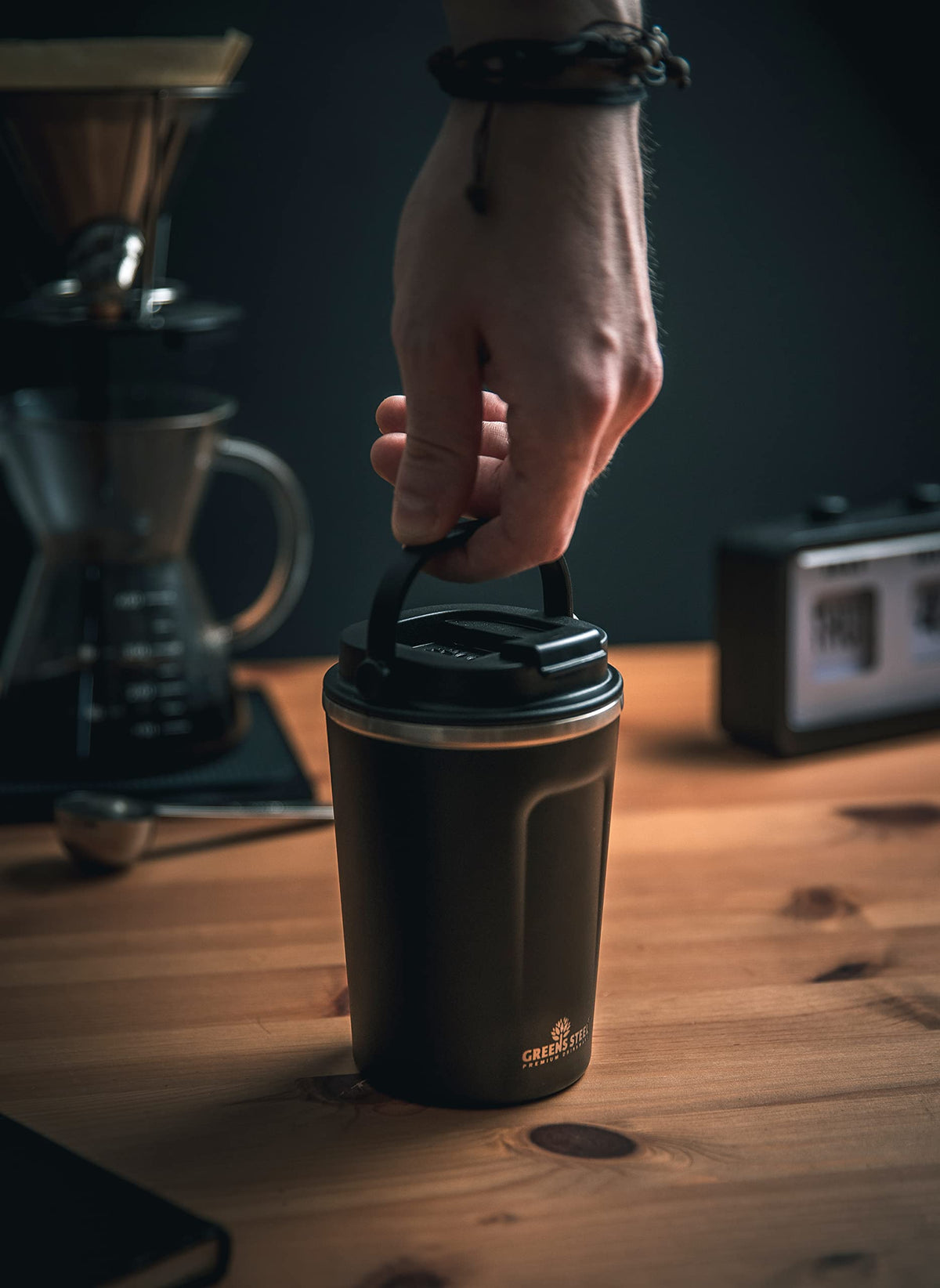 16 oz Black Stainless Steel Insulated Coffee Cup with Lid and Handle H360