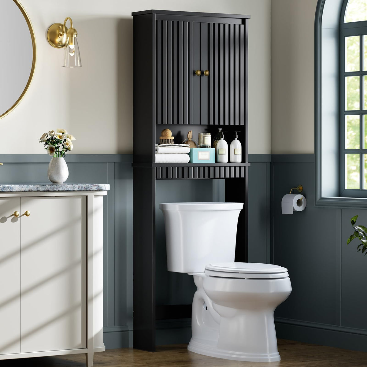 Black Over The Toilet Storage Cabinet with Adjustable Shelf H435615