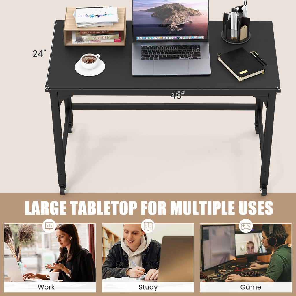 48” Mobile Computer Desk with 4 Lockable Wheels, Black Metal Frame I556877