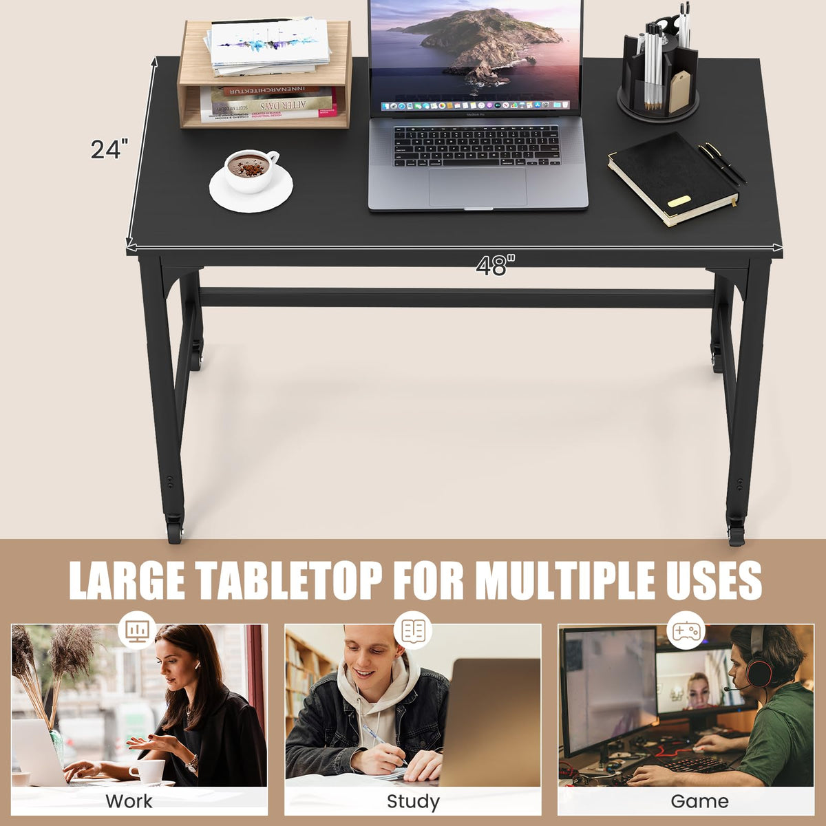 48” Mobile Computer Desk with 4 Lockable Wheels, Black Metal Frame I556877