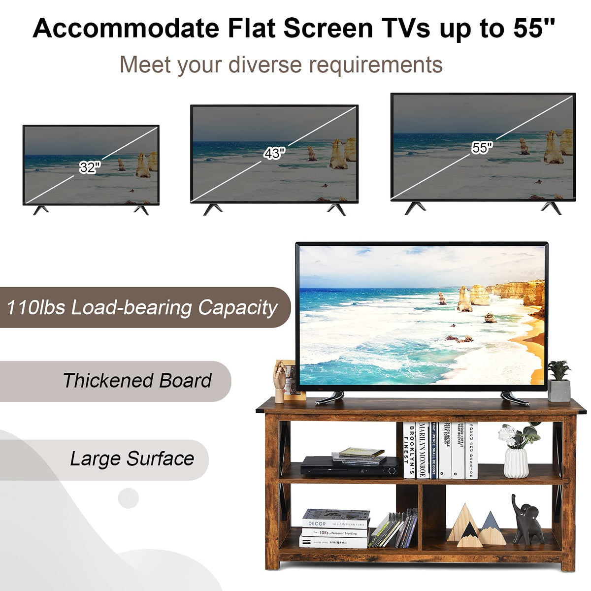 Brown 3 Tier Wood TV Stand with Open Shelves B13859
