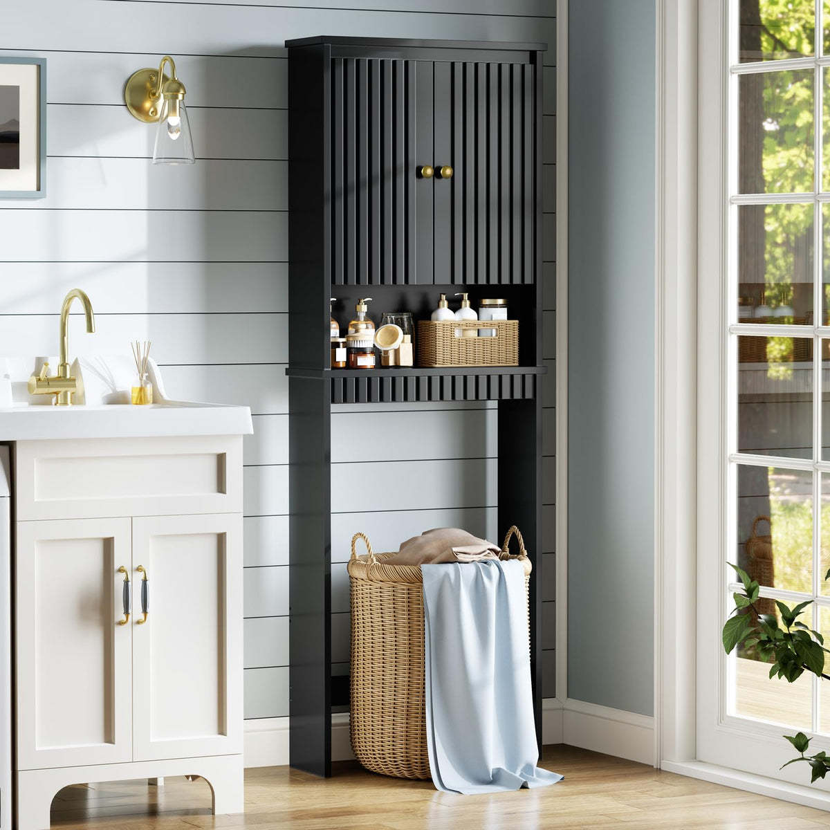 Black Over The Toilet Storage Cabinet with Adjustable Shelf H435615