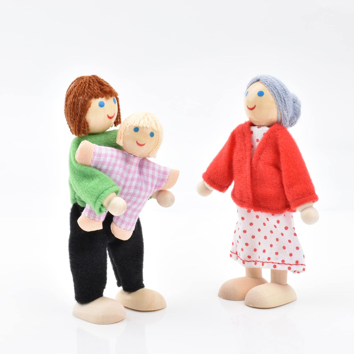 Wooden Dollhouse Dolls Family Set of 8 Miniature Figures and 2 Pets U9814