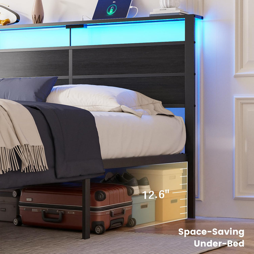 Full Size Metal Bed Frame with Storage Headboard I6719
