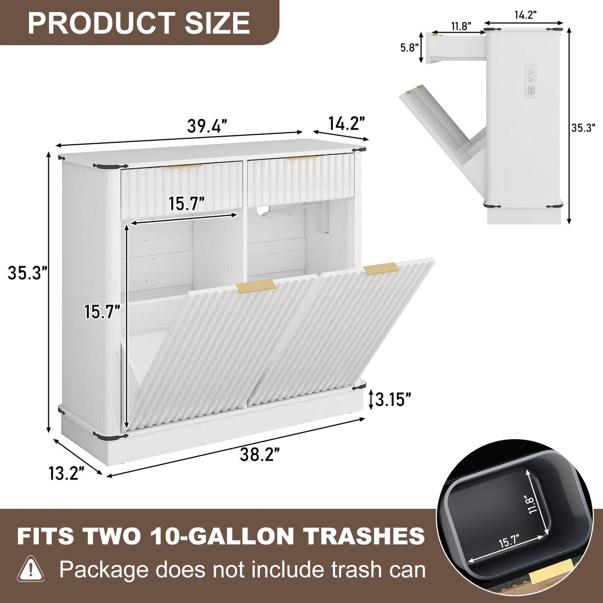 White 20 Gallon Tilt Out Trash Cabinet with Charging Station and 2 Drawers D93774
