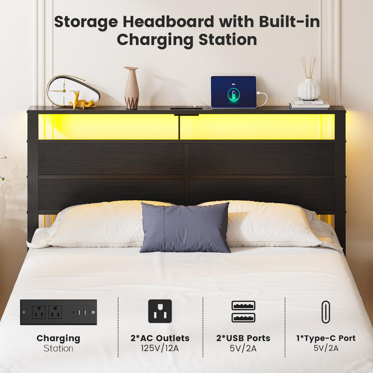 Full Size Metal Bed Frame with Storage Headboard I6719