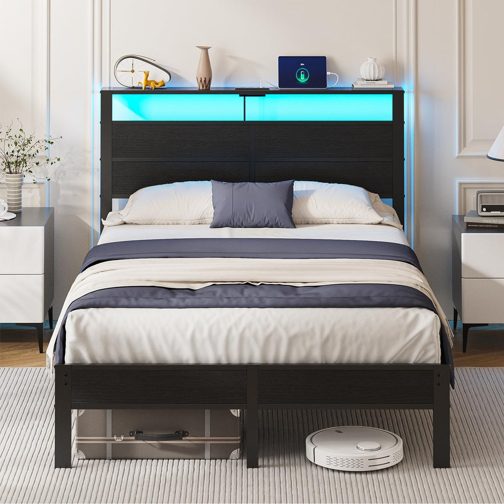 Full Size Metal Bed Frame with Storage Headboard I6719