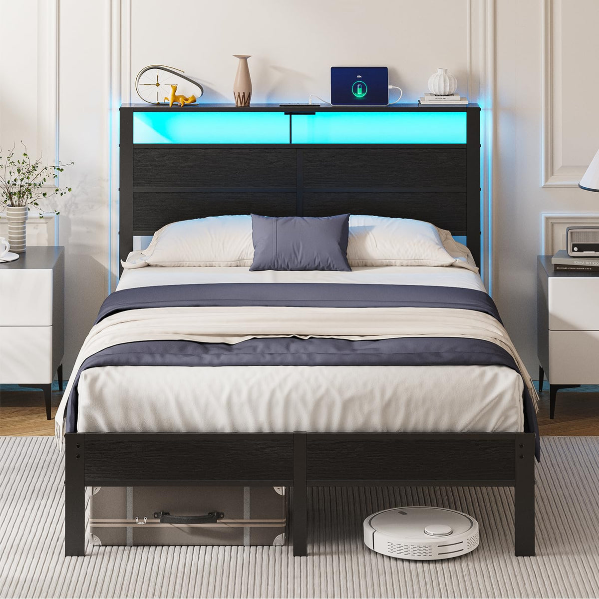 Full Size Metal Bed Frame with Storage Headboard I6719