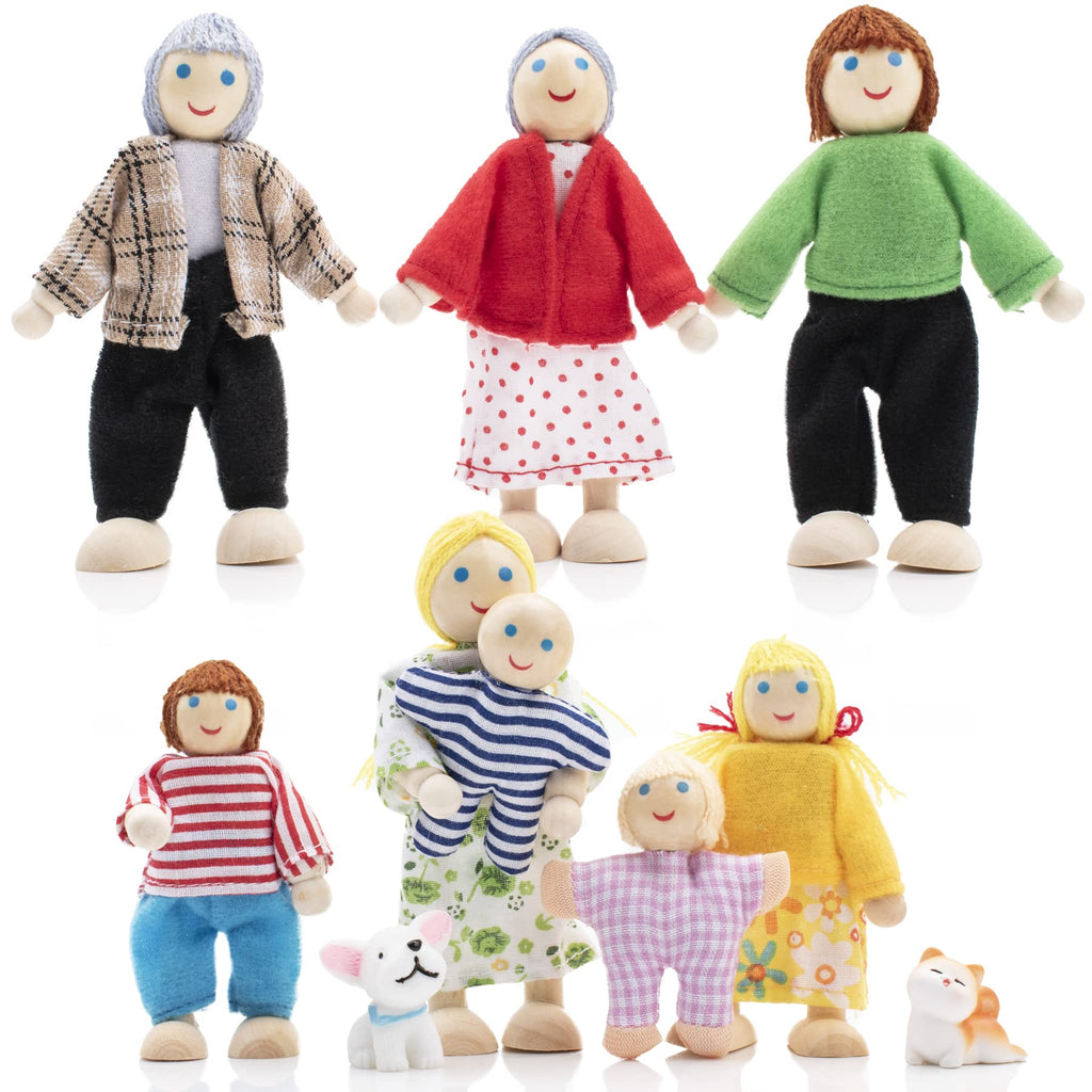 Wooden Dollhouse Dolls Family Set of 8 Miniature Figures and 2 Pets U9814
