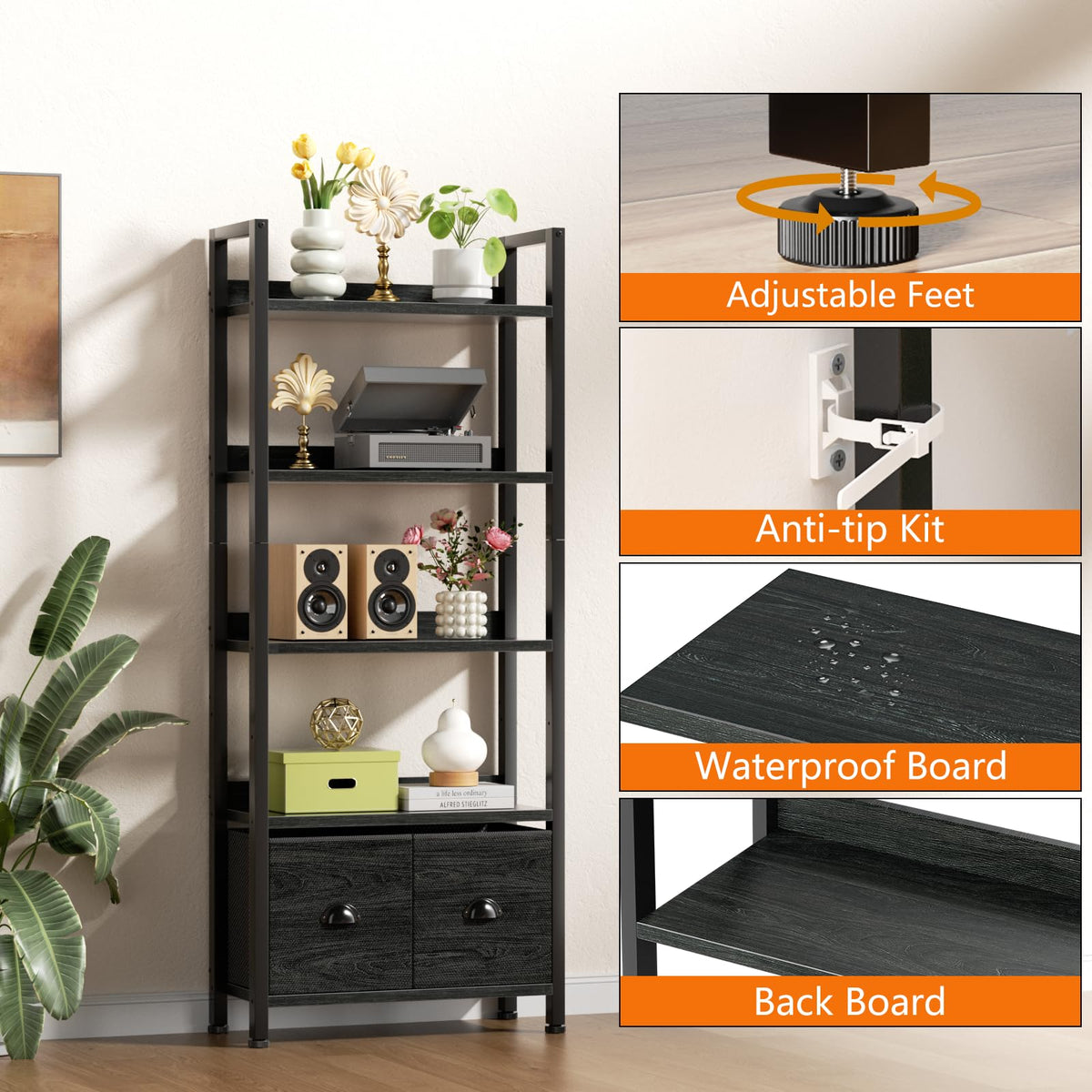 5-Tier Black Oak Bookshelf with 2 Storage Drawers K347211