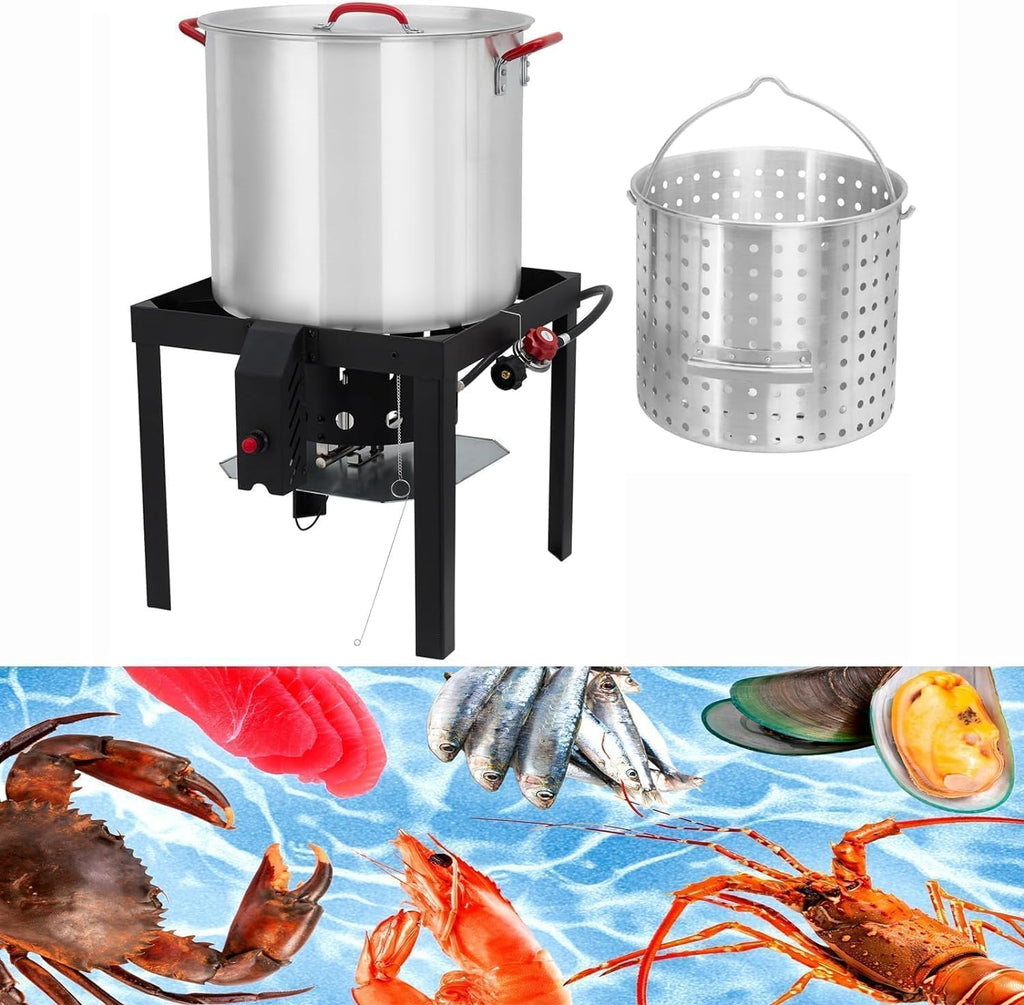 60 Qt Aluminum Seafood Boil Pot with Basket and Burner T1593