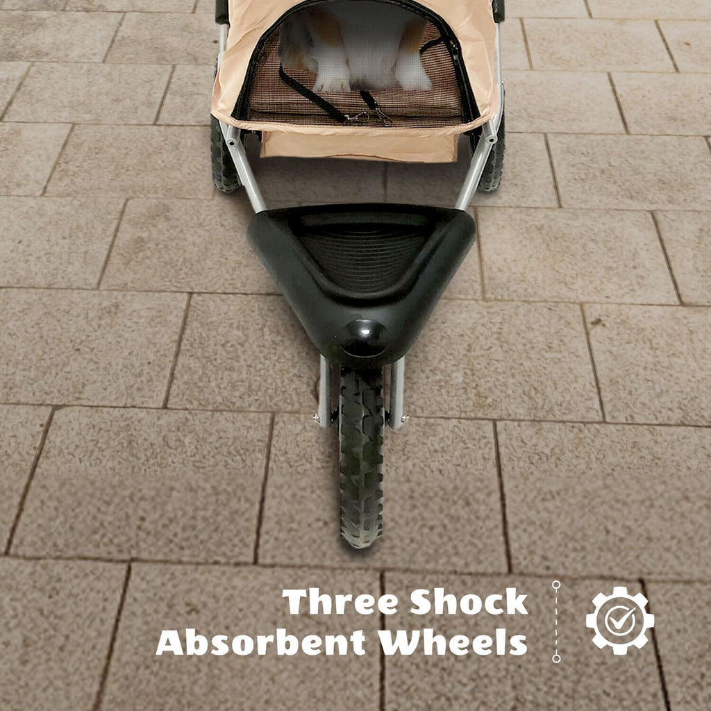 3-Wheel Dog Stroller with Storage Basket and Cup Holders, Tan Y286