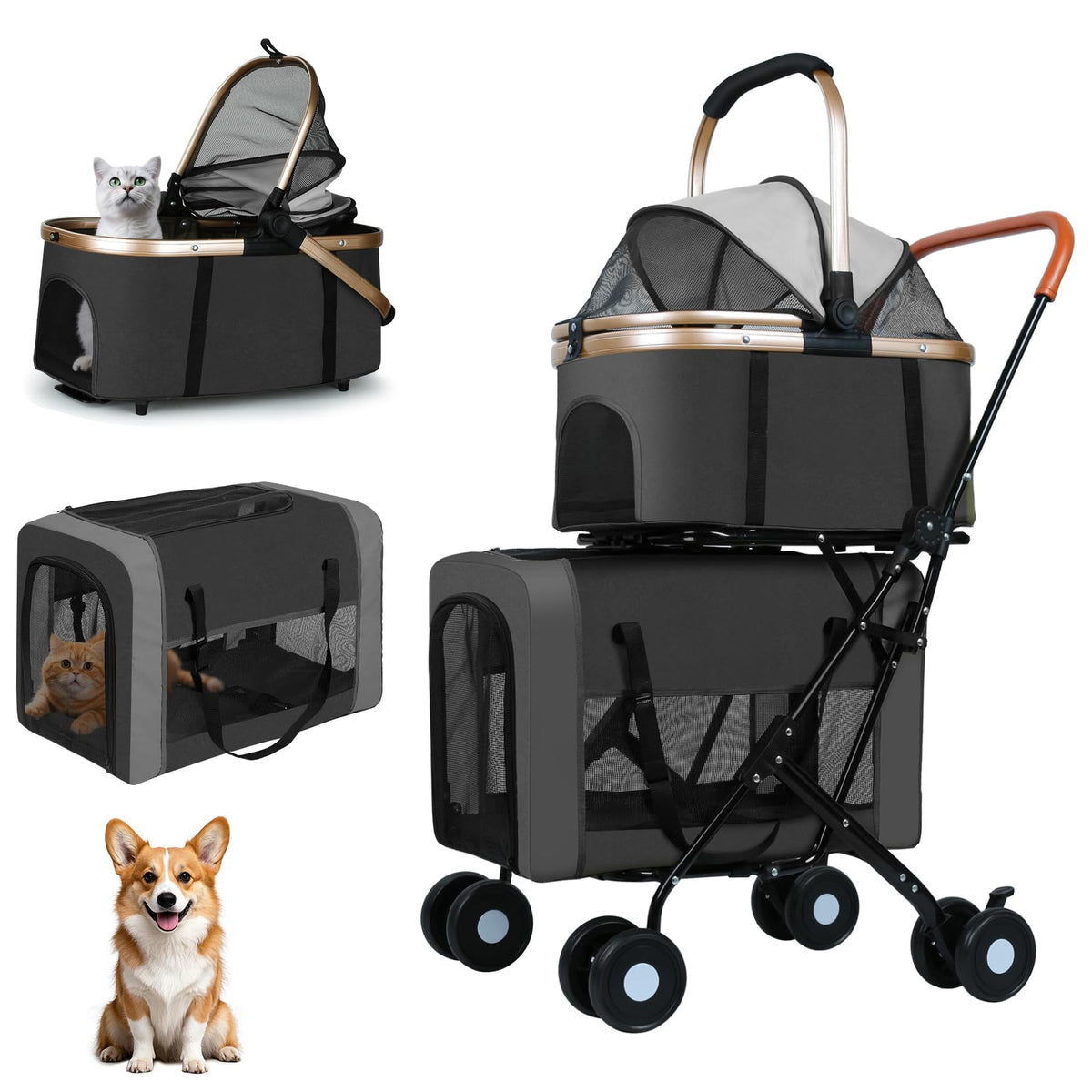 Double Pet Stroller with 4 Lockable Wheels J314