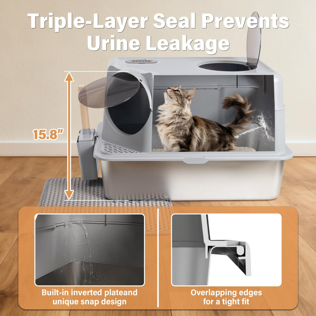 XL Stainless Steel Enclosed Cat Litter Box with Lid I948