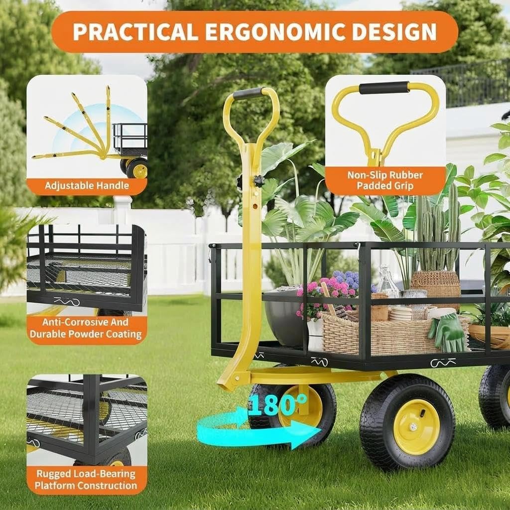 Heavy Duty Steel Garden Cart, 1200 LBS Load Capacity Wagon with 10 inch Tire and Rotating Handle, Black J611
