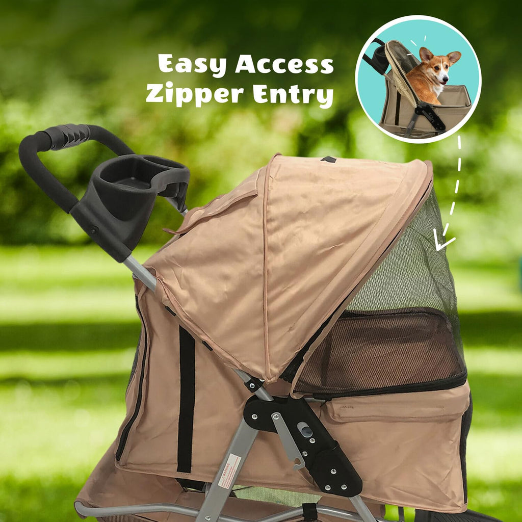 3-Wheel Dog Stroller with Storage Basket and Cup Holders, Tan Y286