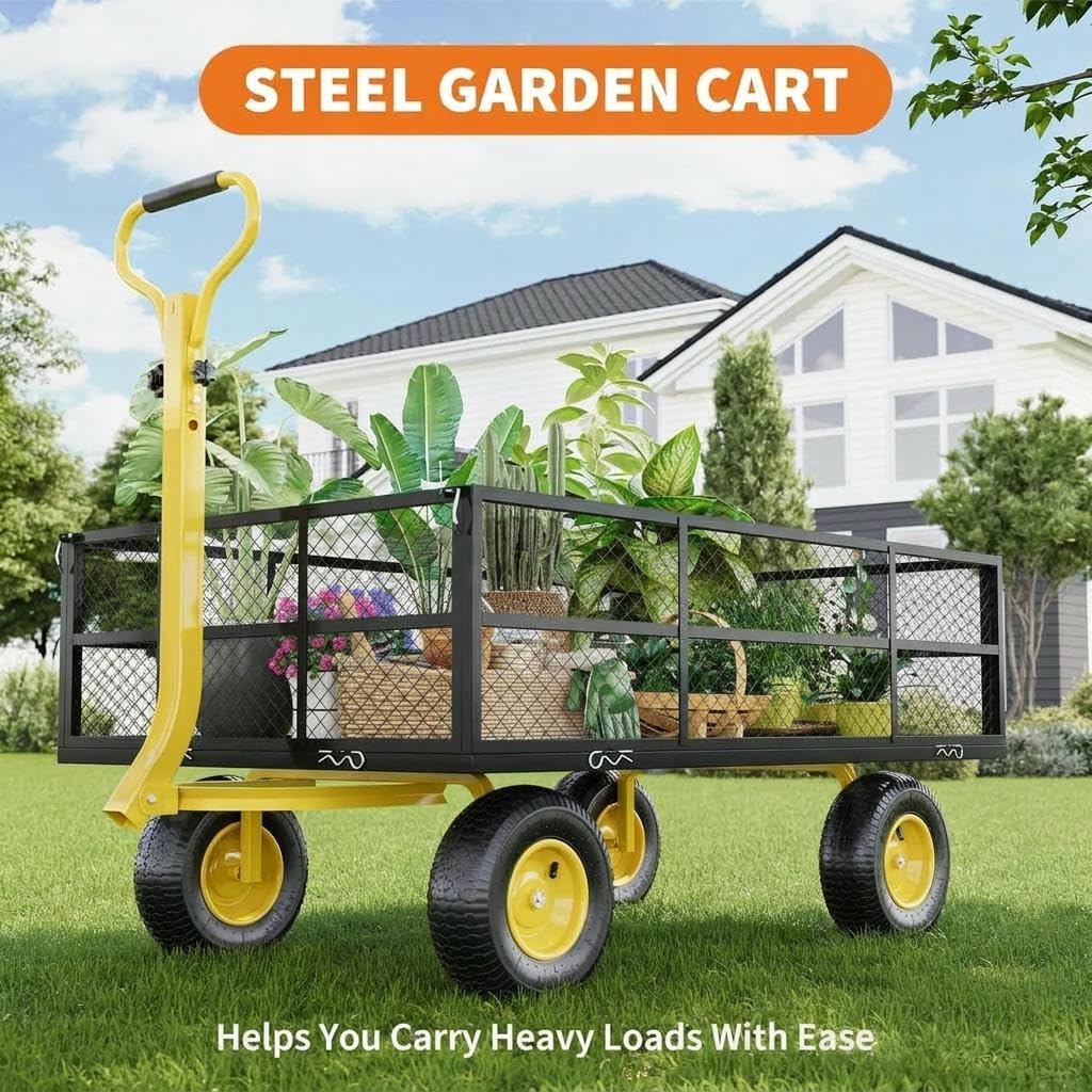 Heavy Duty Steel Garden Cart, 1200 LBS Load Capacity Wagon with 10 inch Tire and Rotating Handle, Black J611