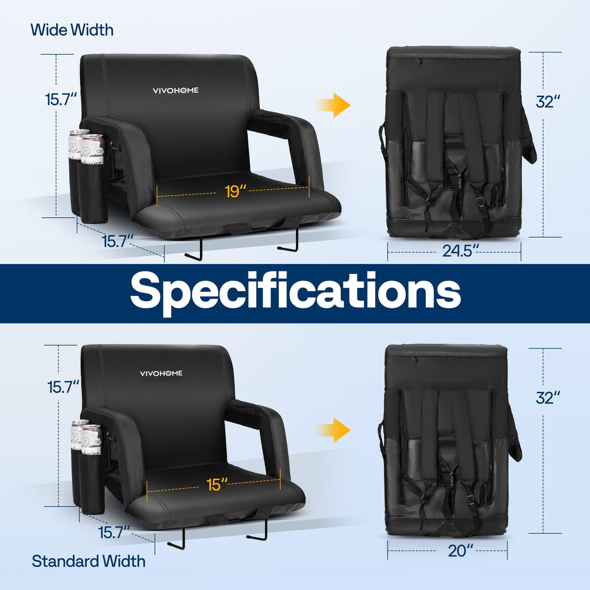 2 Pack Portable Padded Stadium Seats with Back Support and Cup Holder X25502
