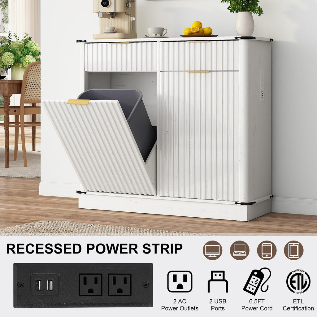 White 20 Gallon Tilt Out Trash Cabinet with Charging Station and 2 Drawers D93774