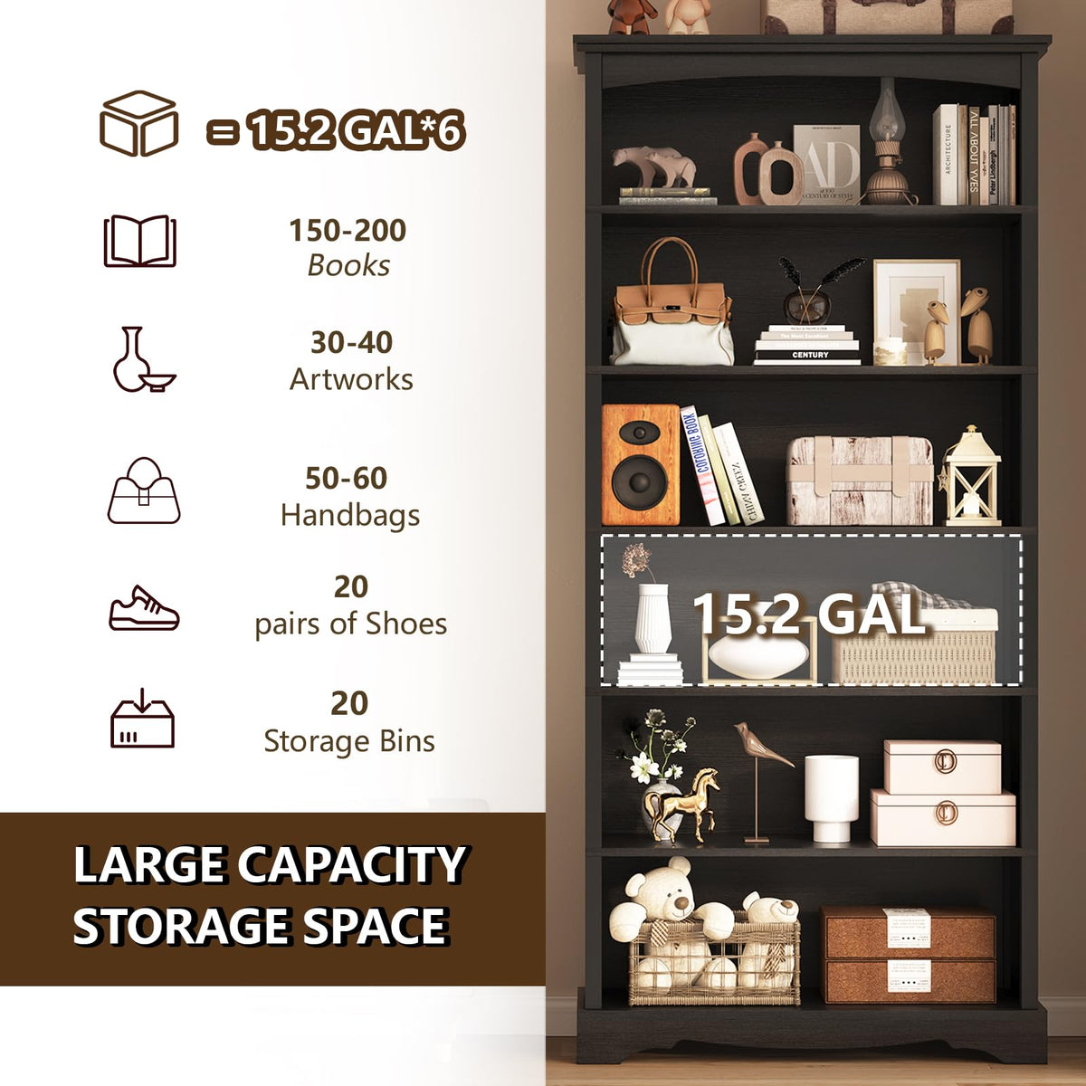 6-Tier 76 Inch Tall Black Wooden Bookshelf S8476