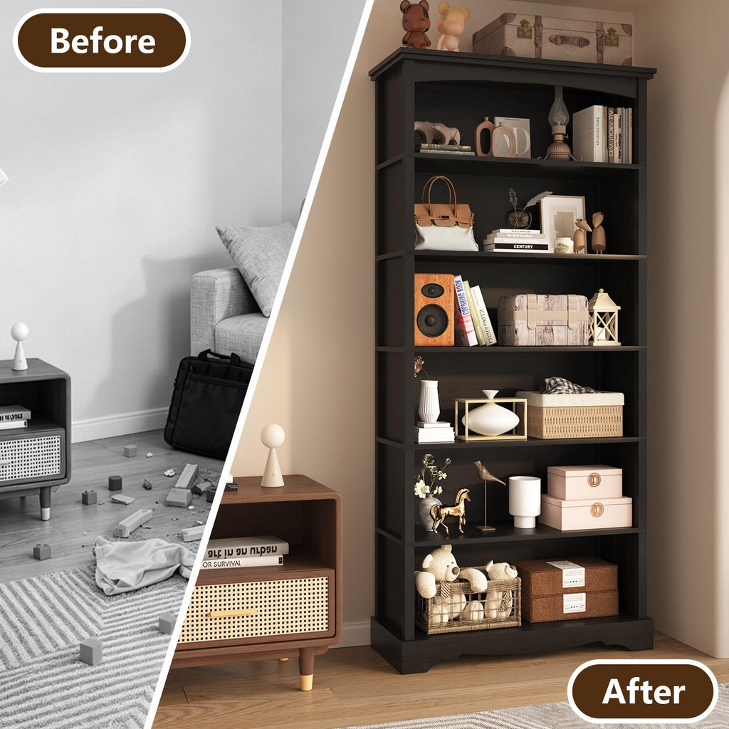 6-Tier 76 Inch Tall Black Wooden Bookshelf S8476