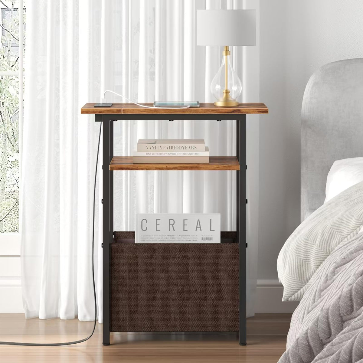 Narrow Side Table with Charging Station, 3 Tier End Table with Storage Basket Y637949