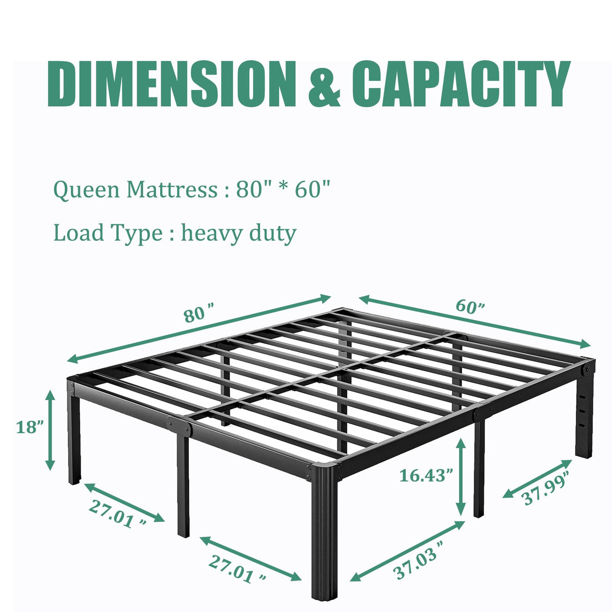 18 Inch Metal Bed Frame Queen Size Black A7983