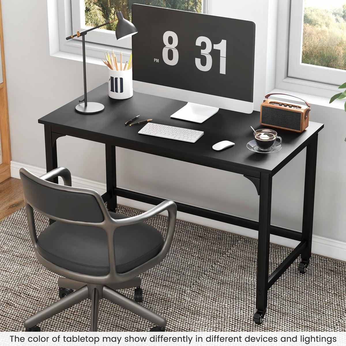48” Mobile Computer Desk with 4 Lockable Wheels, Black Metal Frame I556877