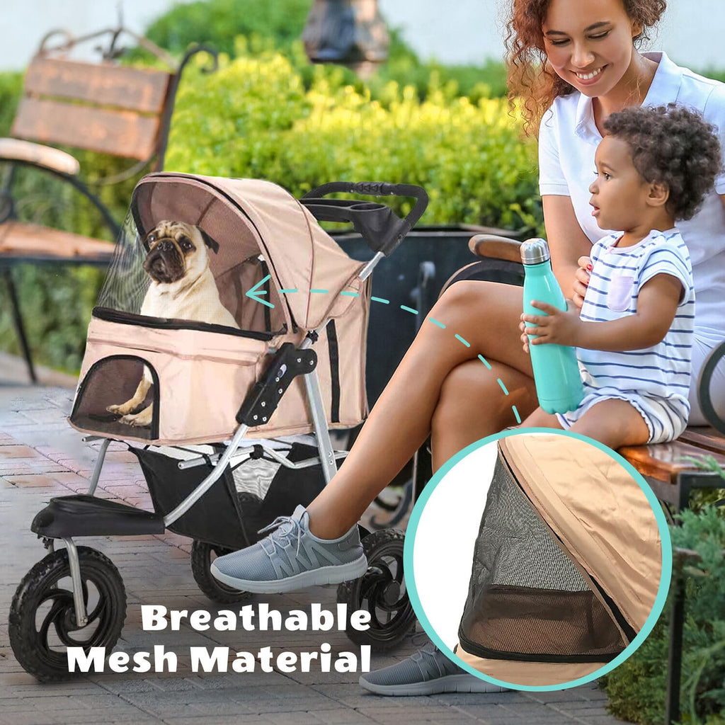 3-Wheel Dog Stroller with Storage Basket and Cup Holders, Tan Y286