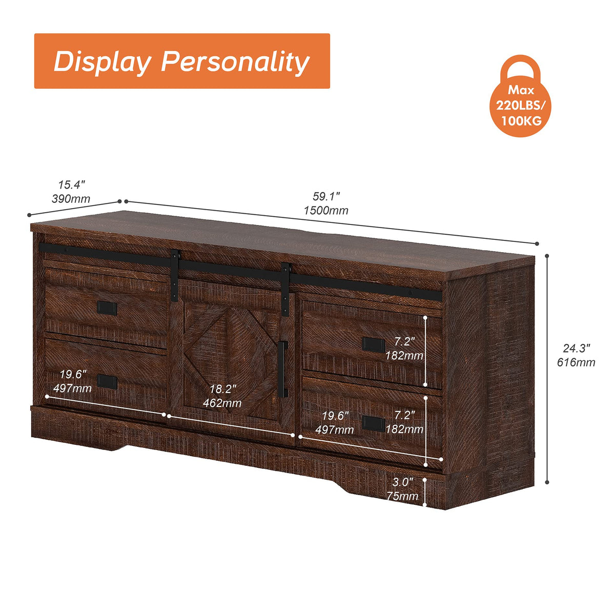 60 inch Farmhouse TV Stand with Drawers & Storage Cabinet J9896