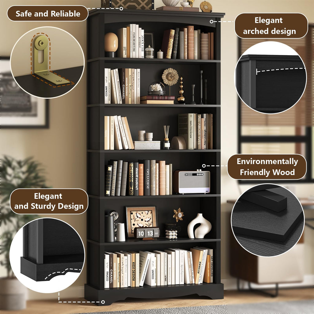 6-Tier 76 Inch Tall Black Wooden Bookshelf S8476