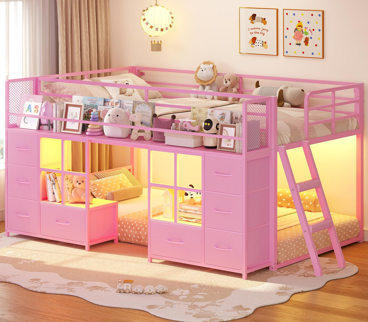 Twin Over Twin Bunk Bed with 8 Drawers & Bookshelf D4961