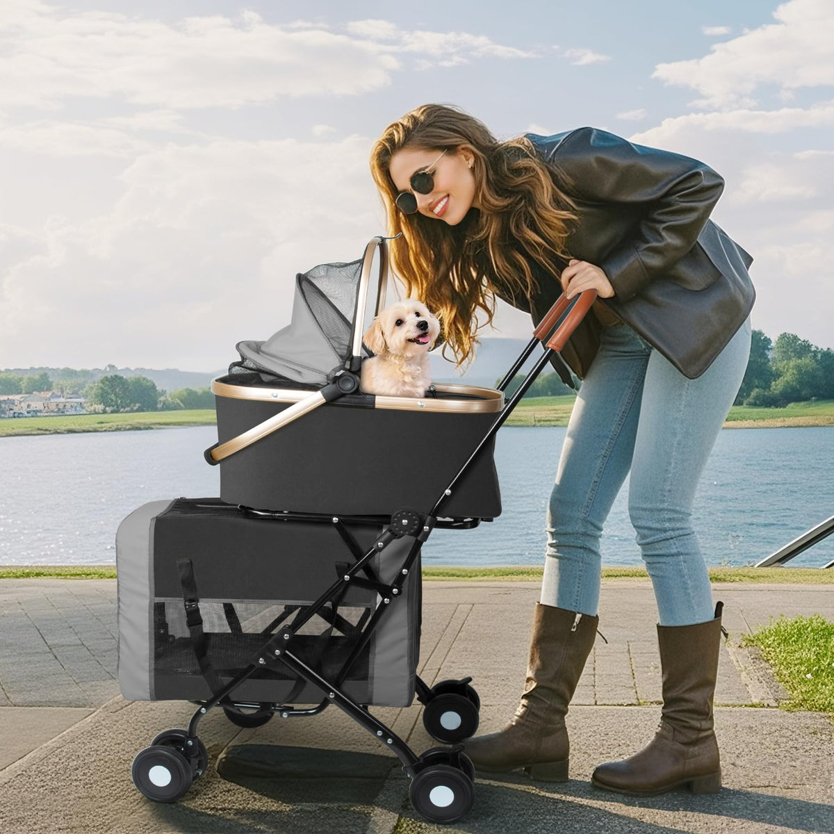 Double Pet Stroller with 4 Lockable Wheels J314