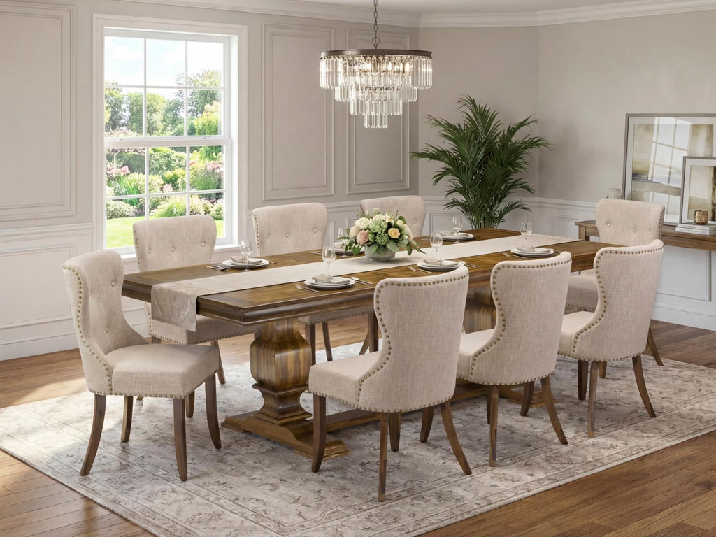 9 Pc Mid Century Dining Table Set with 8 Light Tan Linen Chairs L741