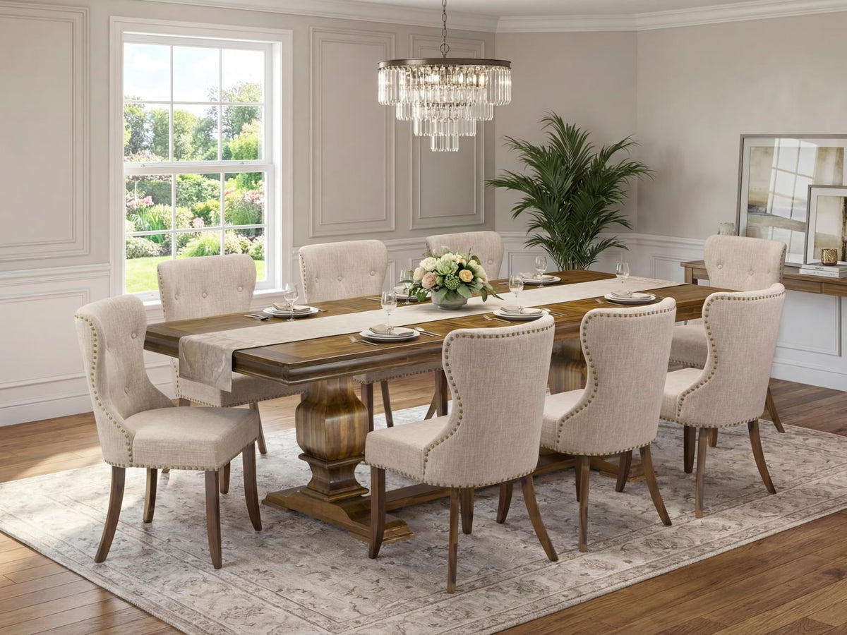 9 Pc Mid Century Dining Table Set with 8 Light Tan Linen Chairs L741