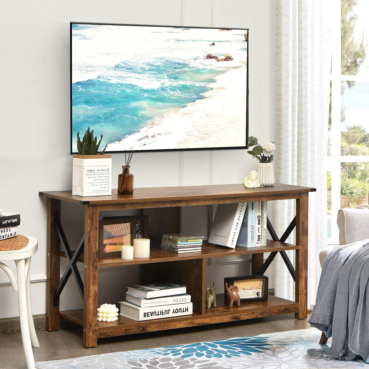 Brown 3 Tier Wood TV Stand with Open Shelves B13859