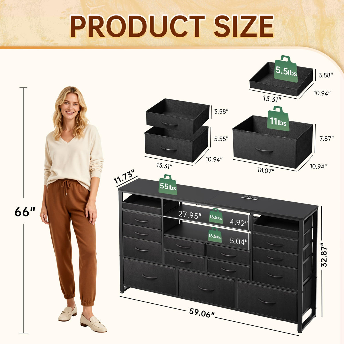 Black TV Stand with LED Lights & Charging Station, 15 Fabric Drawers G476969