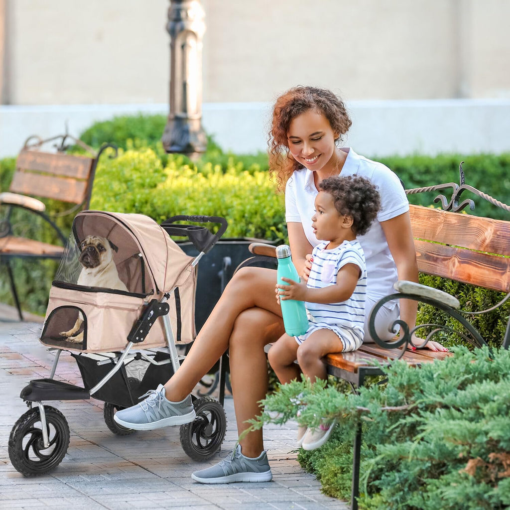3-Wheel Dog Stroller with Storage Basket and Cup Holders, Tan Y286