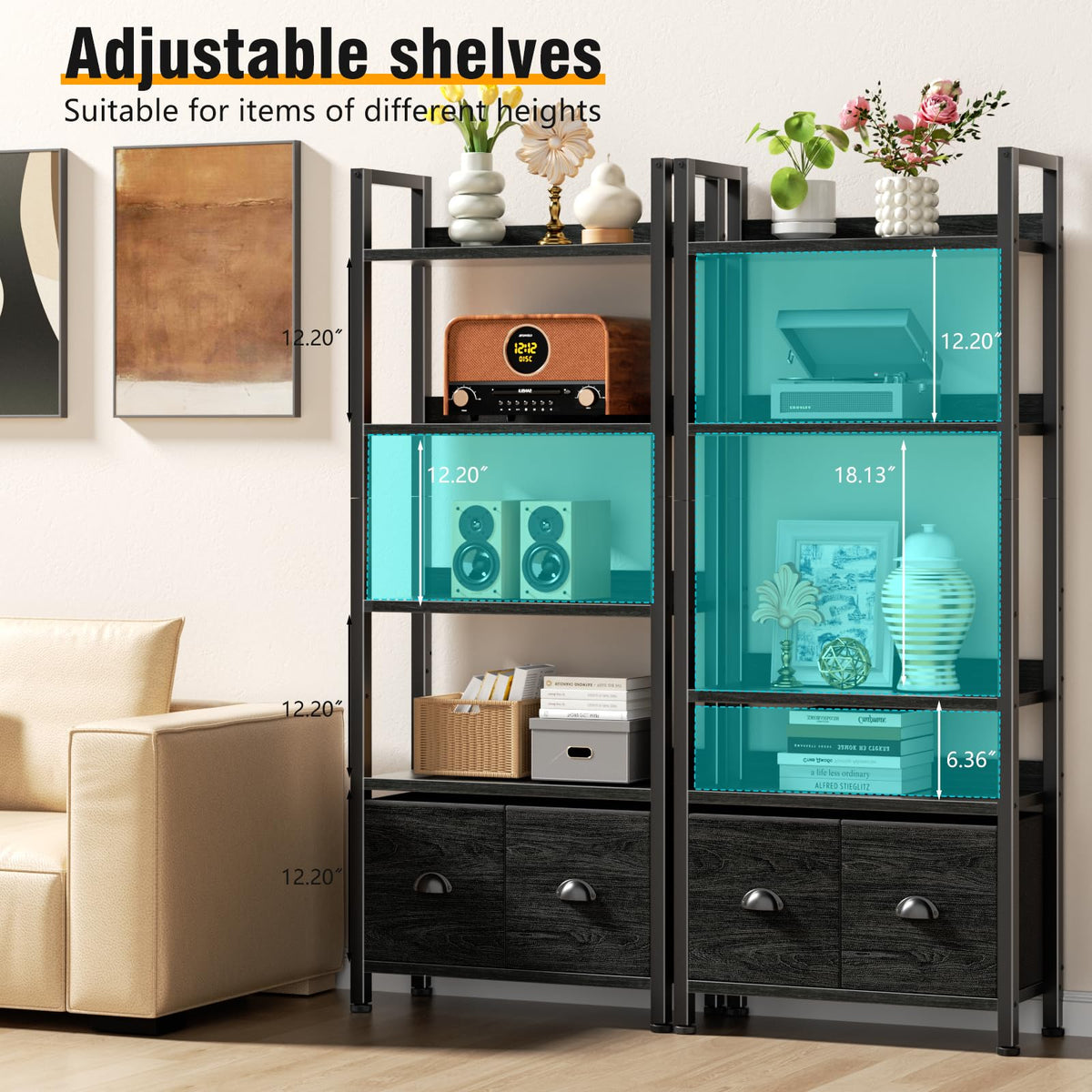 5-Tier Black Oak Bookshelf with 2 Storage Drawers K347211
