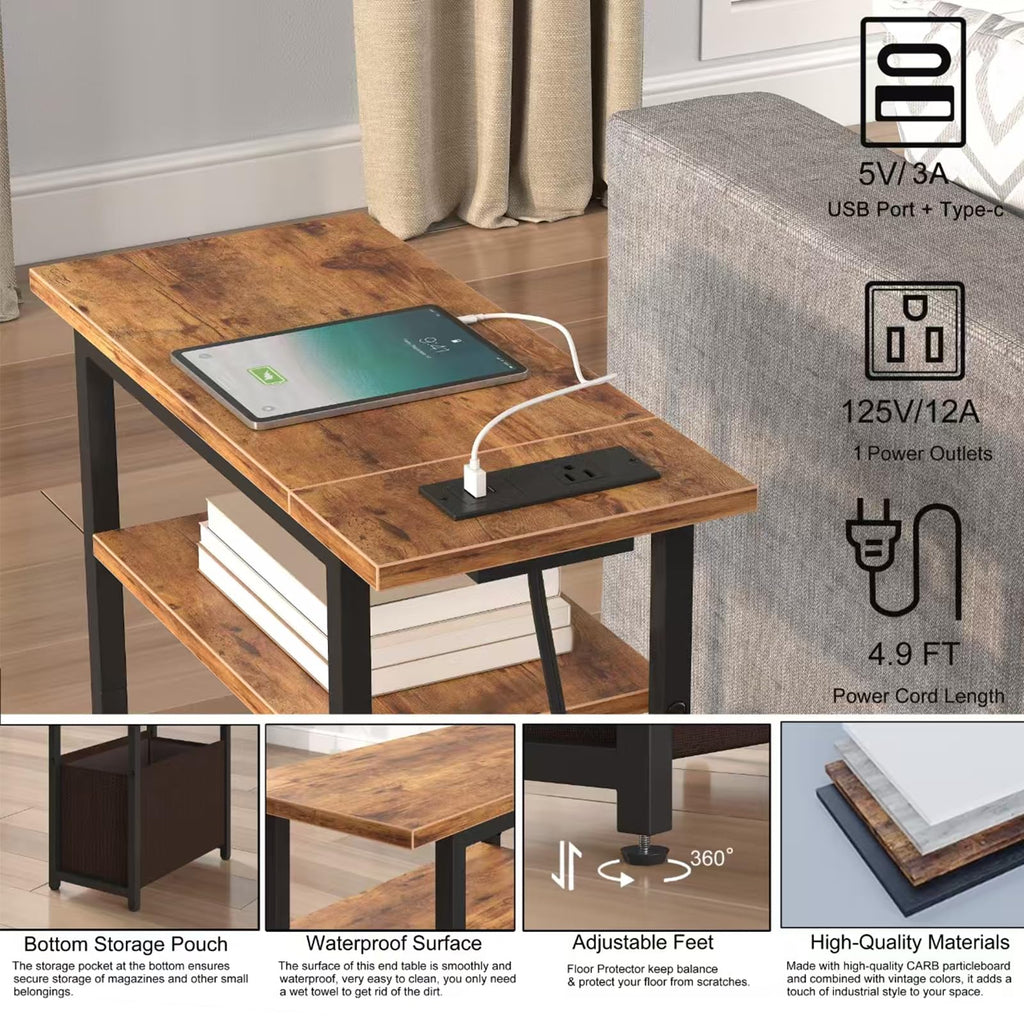 Narrow Side Table with Charging Station, 3 Tier End Table with Storage Basket Y637949
