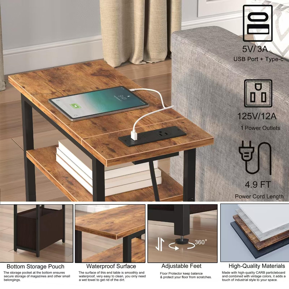 Narrow Side Table with Charging Station, 3 Tier End Table with Storage Basket Y637949